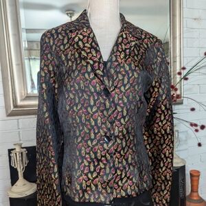 S.L.B. Satin Shimmer Peacock FBlack and Gold Artistic Blazer with Metallic Sheen